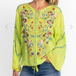 JOHNNY WAS Lime Green Embroidered Blouse